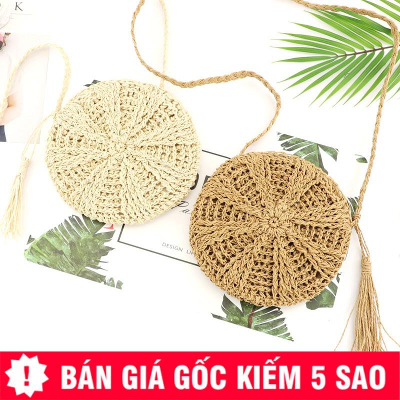 Túi Cói Tròn Đan Cánh Quạt Phối Tua Rua Xinh P1282