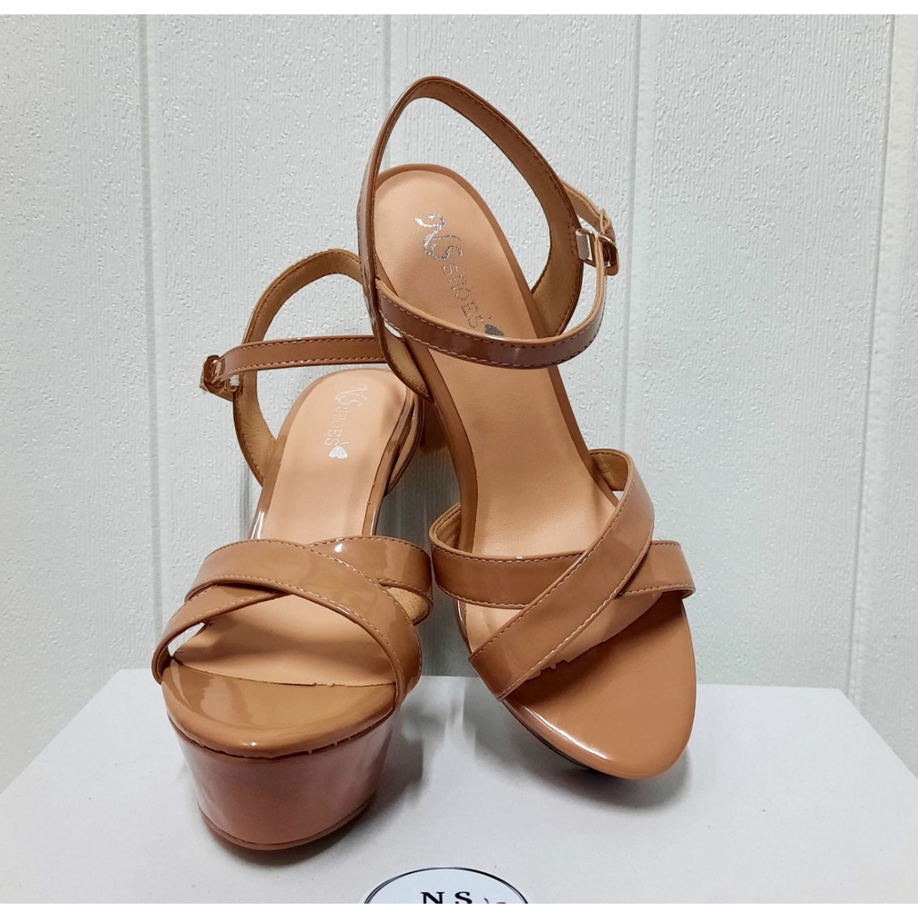 Giày cao gót quai chéo đế đúp thời trang, thanh lịch màu nâu Tây tôn da 13cm - NS2141