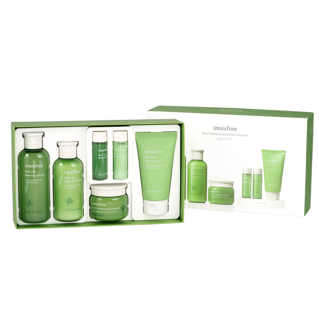 Bộ Dưỡng Trà Xanh Phục Hồi Da Mụn Innisfree Green Tea Balancing Skin Care Trio Set EX