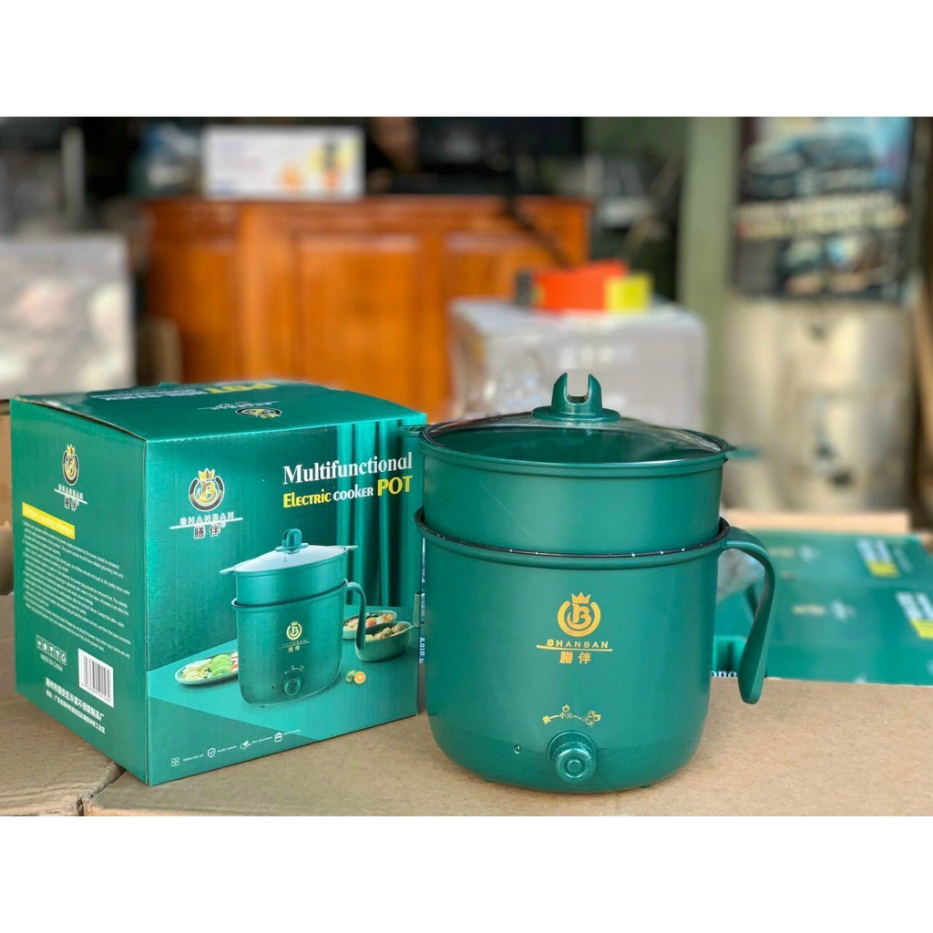 Nồi Lẩu Điện Đa Năng Chống Dính Vân Đá  ELECTRIC COOKER POT Shanban 24cm Kèm Hấp Inox Cao Cấp