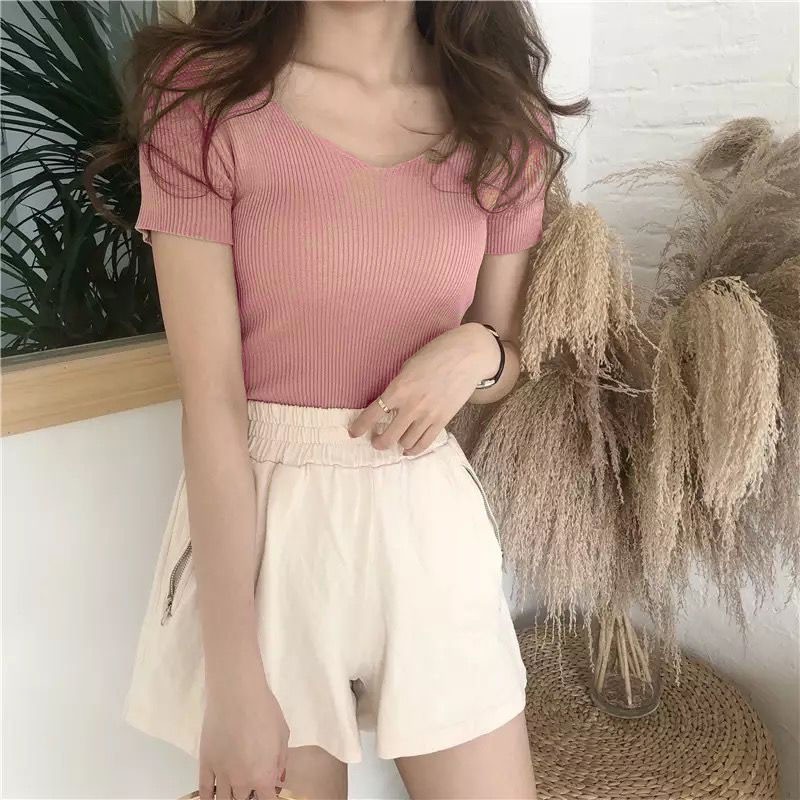 Áo len nữ 💖FREESHIP💖 Áo len tăm mềm ngắn tay cổ tim nhiều màu đủ size