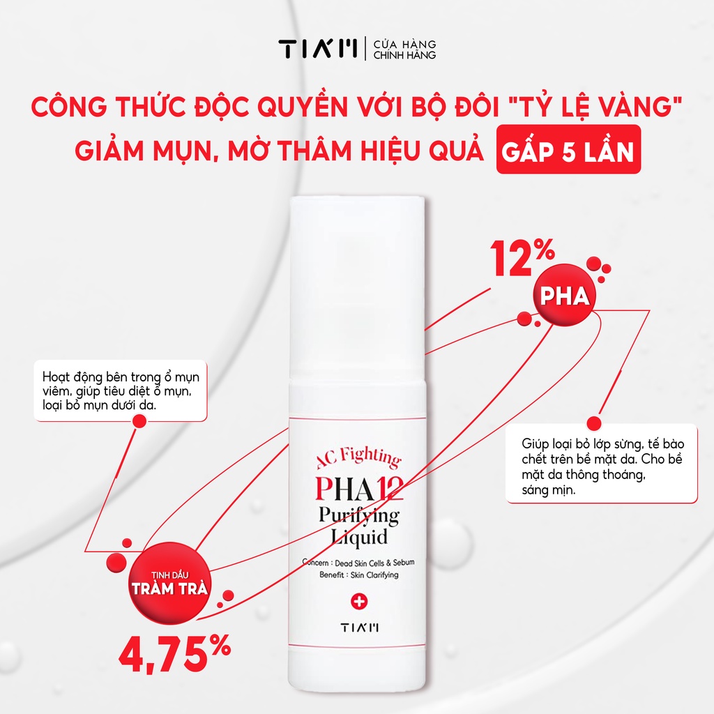 Tinh Chất Ngừa Mụn, Sáng Da, Mờ Thâm 12% PHA + 4,75% Tinh Dầu Tràm Trà Tia'm AC Fighting PHA 12 Purifying Liquid