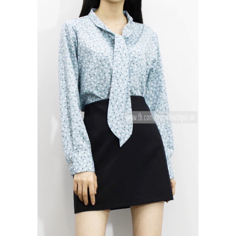 [Mã FATHANG5 giảm 10K đơn 50K] [Hình thật tự chụp] Sơ mi tay dài cổ nơ họa tiết Meow Boutique