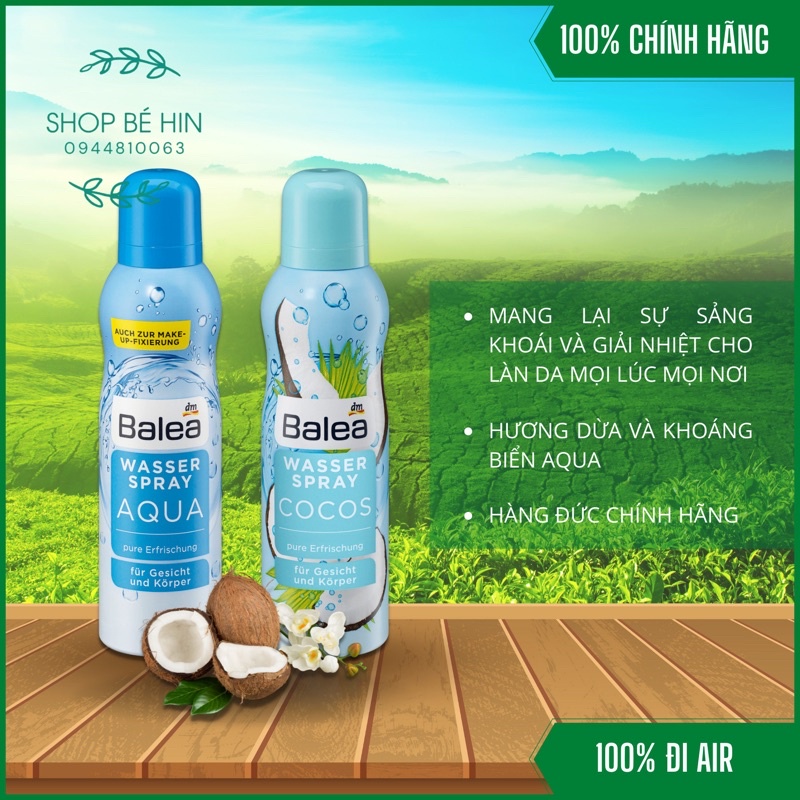 Xịt khoáng Balea Aqua và Cocos 150ml cấp ẩm mạnh mẽ, làm mát và dịu da ngay lập tức, Hàng Đức chính hãng