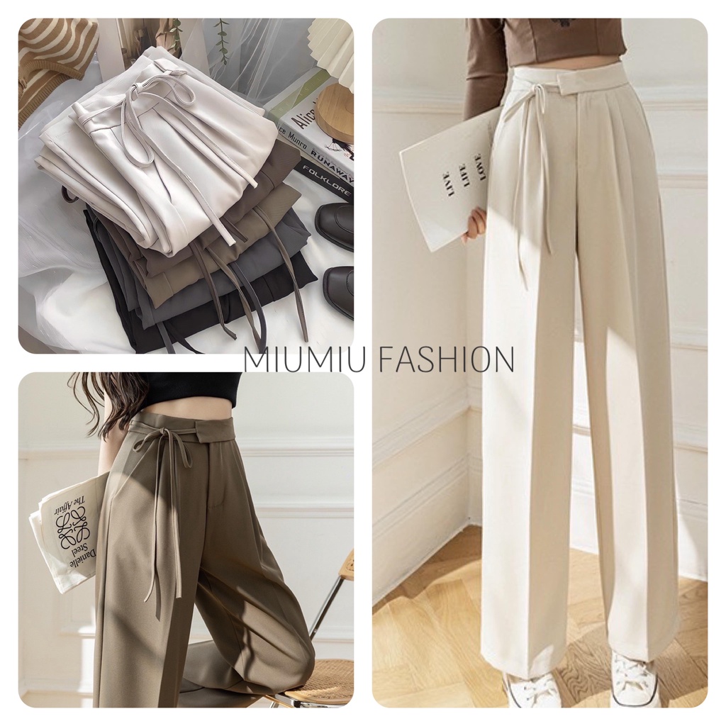 Quần ống rộng nữ lưng cao thắt dây nơ 1 bên kiểu quần culottes ống suông dài mặc đi học đi làm cực đẹp