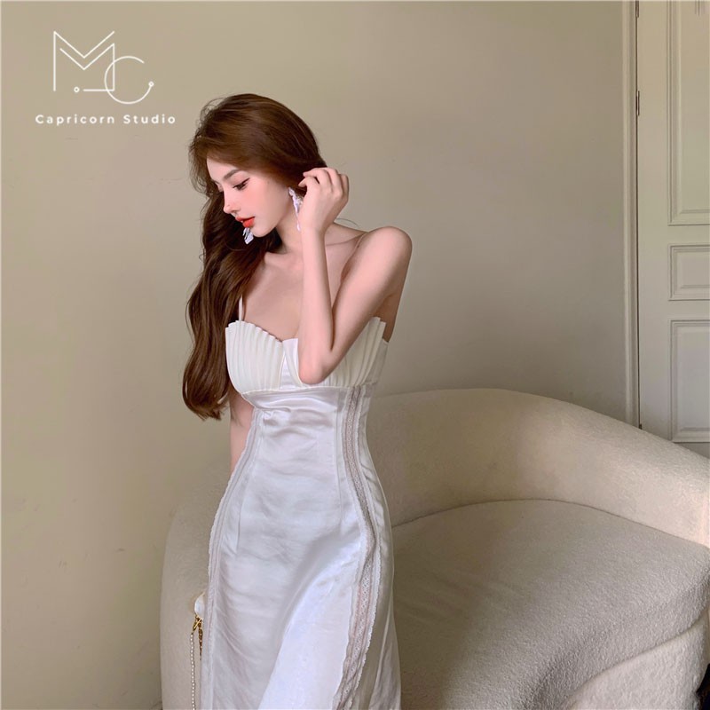 Đầm/ Váy hai dây dáng dài màu trắng khí chất phong cách Pháp