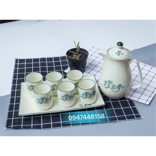 Bộ bình cốc sứ Bát Tràng vẽ hoa sen xanh