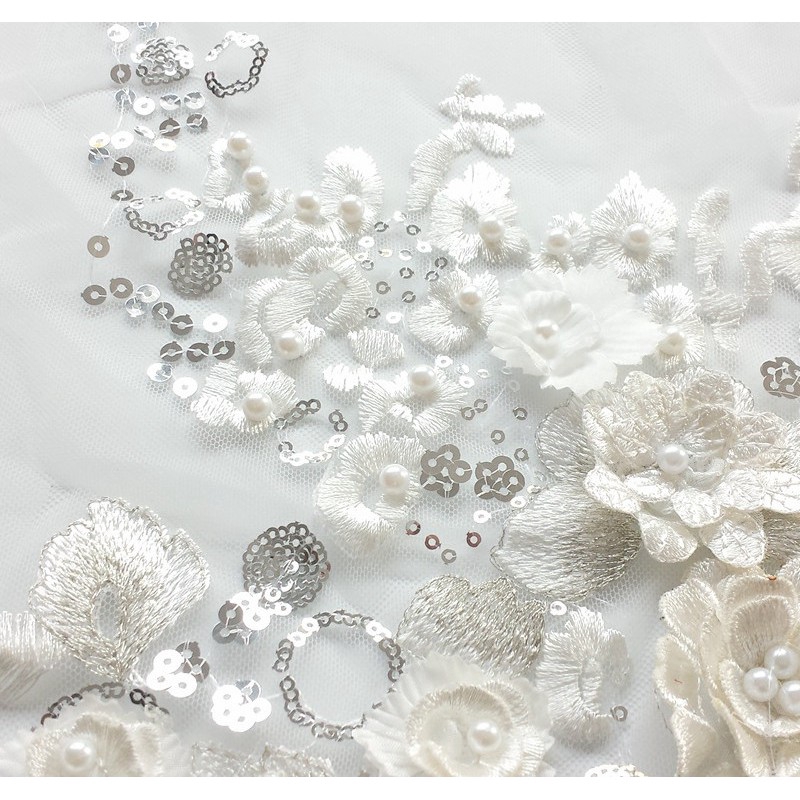 Tấm Vải Ren Thêu Hoa Đính Ngọc Trai / Kim Sa Lấp Lánh Dùng Làm Đồ Thủ Công / Trang Trí Váy Cưới