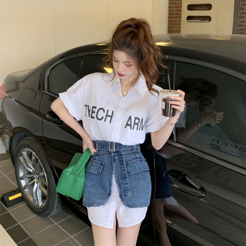Set váy chân váy jean Set Áo Sơ Mi Dáng Rộng In Chữ + Chân Váy Denim Thời Trang Mùa Hè 2022 Dành Cho Nữ
