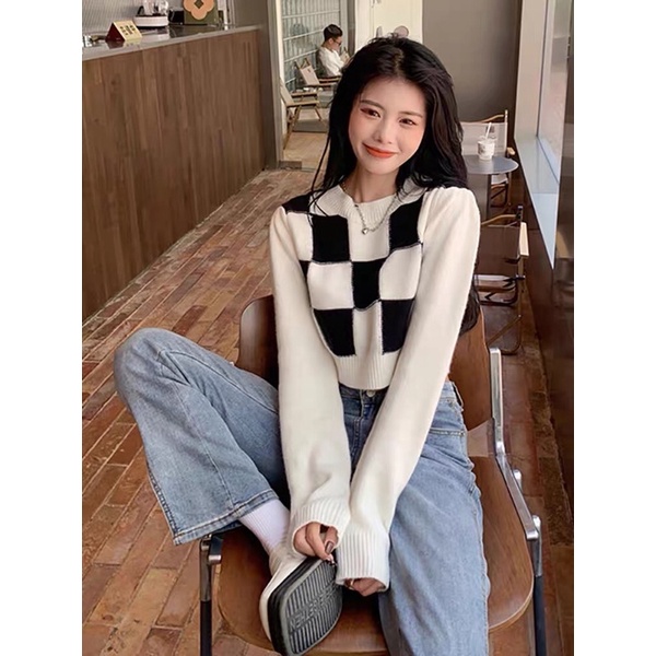 Áo Croptop Tay Dài Cổ Tròn Dáng Rộng Họa Tiết Kẻ Sọc Thời Trang Cho Nữ
