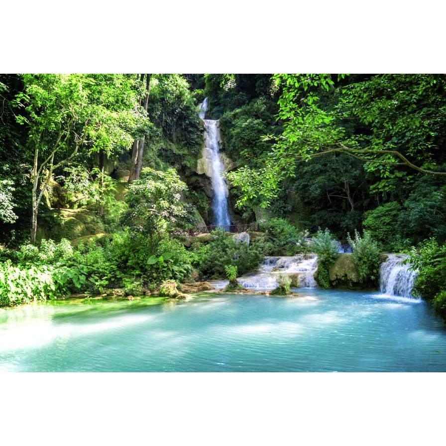 Tranh dán tường thác nước thiên nhiên trong lành nổi bật giữa không gian xanh tươi và hùng vĩ tạo khung cảnh đẹp