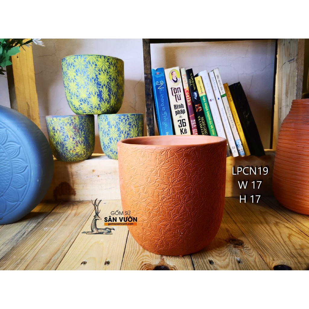 Chậu gốm đất nung kiểu TRỨNG VÂN HOA CÚC size 17cm LPCN19  - Màu gốm đỏ , chậu trồng cây, gốm sứ sân vườn Bình Dư