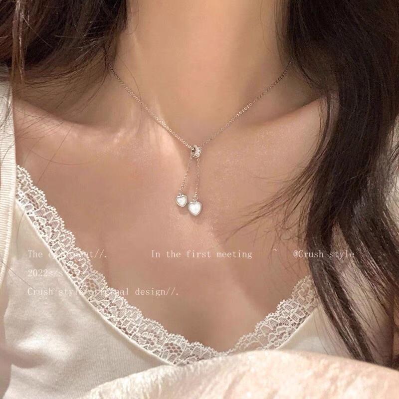 Vòng cổ nữ mặt hai trái tim pha lê trong suốt dễ thương V18