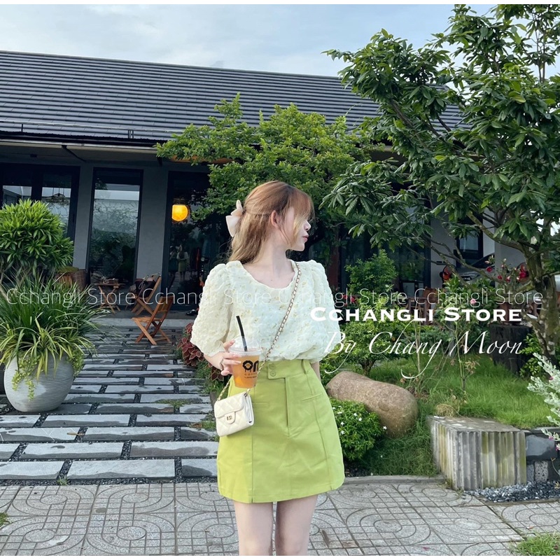 ✔ 𝗙𝗥𝗘𝗘 𝗦𝗛𝗜𝗣 SÉT ÁO HOA NỔI XANH CỐM MIX CÙNG CHÂN VÁY 2DA CÓ LỚP LÓT Ạ