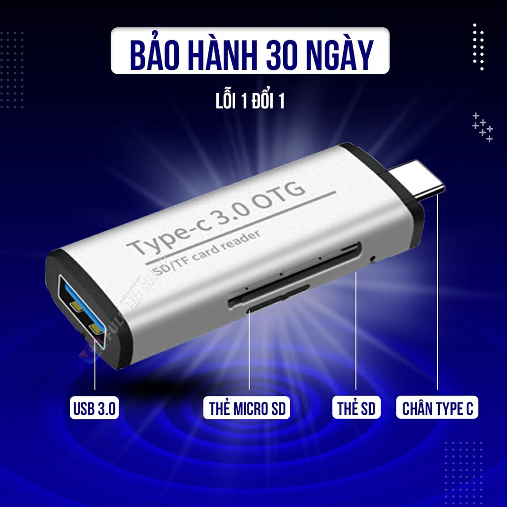 Hub Chuyển Đổi Type C sang USB 3.0 Tích hợp Đầu đọc thẻ SD/Micro SD chân Type C - Full HD Shop Mã HD09