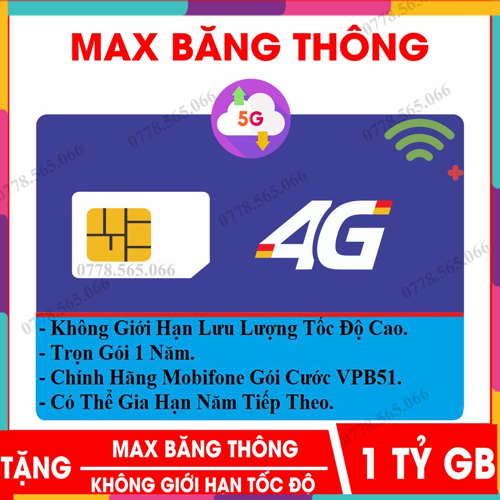 Sim Mobi VPB51 Max Băng Thông Không Giới Hạn Tốc Độ Cao- Sim 3G/4G -Trọn Gói 1 Năm không nạp