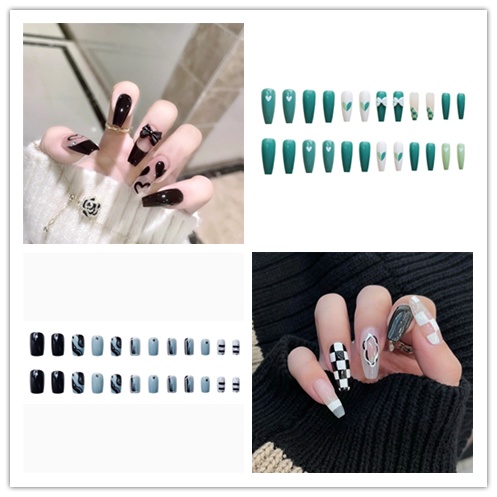 Bộ 24 Móng Tay Giả Họa Tiết Ca Rô Trắng Đen Hình Trái Tim/Bướm Trắng/Đen Trong Suốt