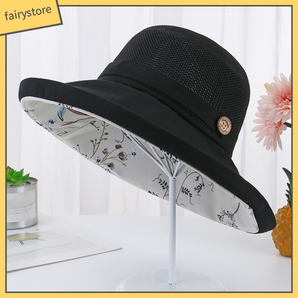 Mũ Bucket Thể Thao Vành Rộng Chống Nắng Đính Nút Họa Tiết Hoa Trang Trí Nội Thất Cho Nữ