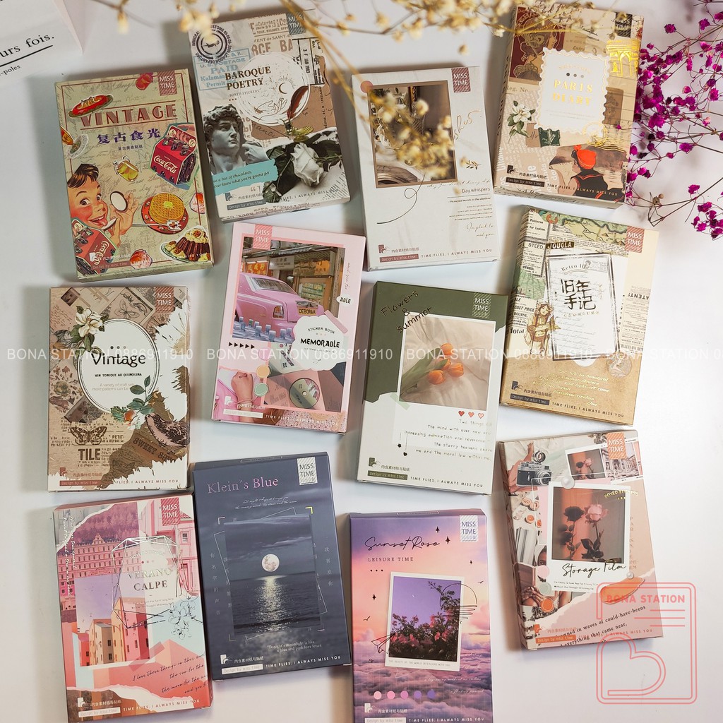 Hộp 55 sticker và giấy nền Nhật ký Paris style Vintage trang trí bullet journal | BSB159