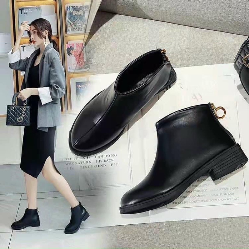 bốt bệt gót 2 phân da nì cổ ngắn khoá sau êm chân dáng đẹp