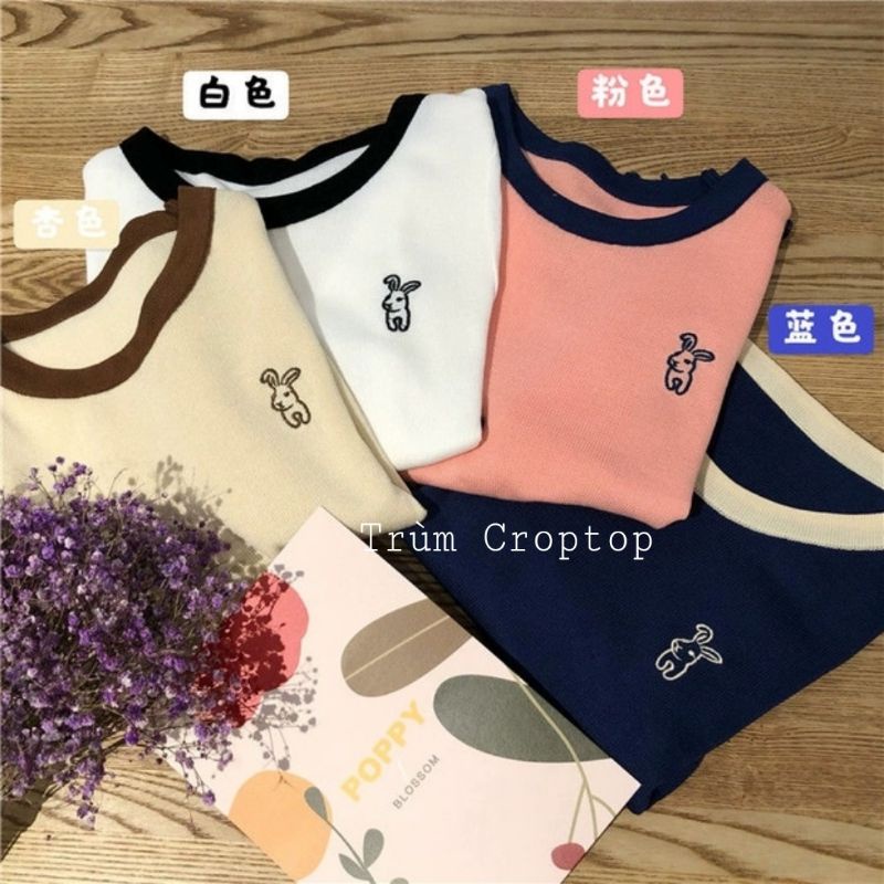 Croptop Tay Ngắn Phối Cổ Viền Tay Thêu Hình Chú Thỏ 4 Màu Phông Nữ Basic