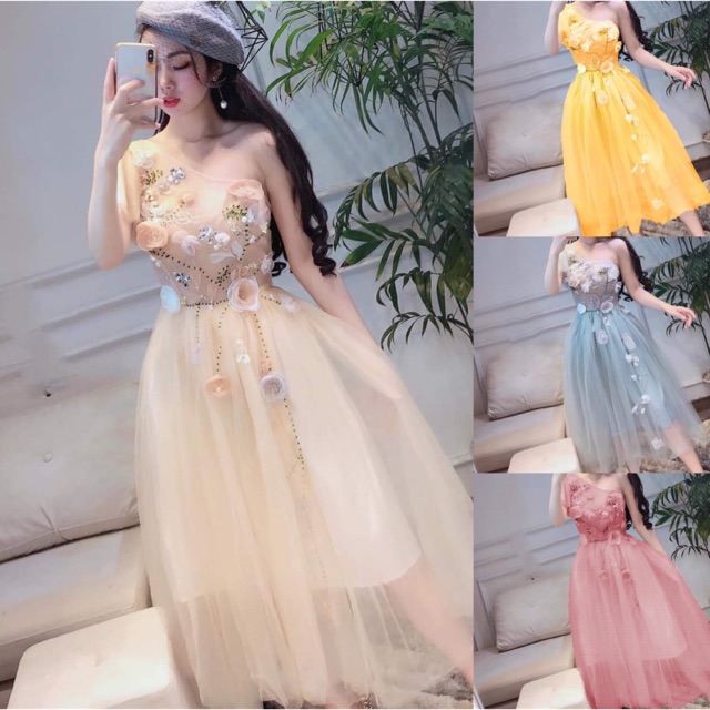 ẢNH VÀ VIDEO THẬT 10000%     Đầm xoè lệch vai hoa nổi kết cườm sang trong