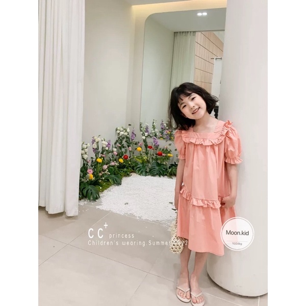 Váy đầm chun bèo cổ vuông cho bé gái