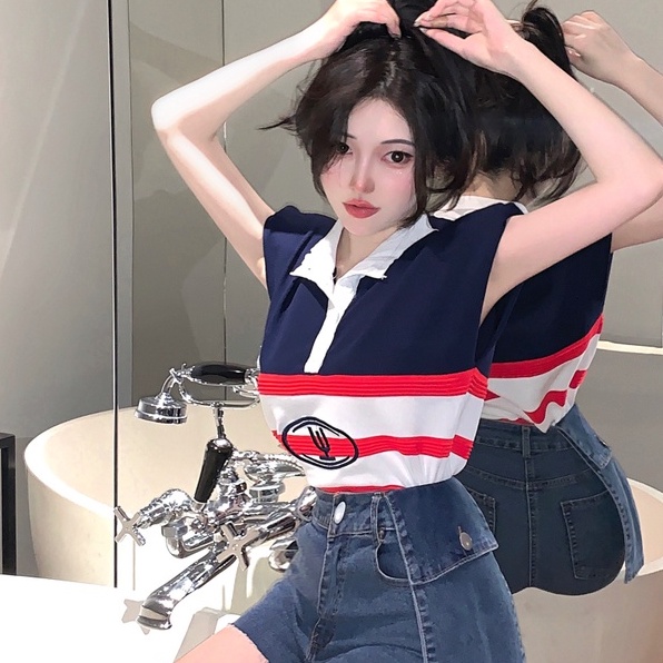 Áo kiểu ZHELIHANGFEI dệt kim sát nách cổ polo dáng rộng kẻ sọc cá tính thời trang