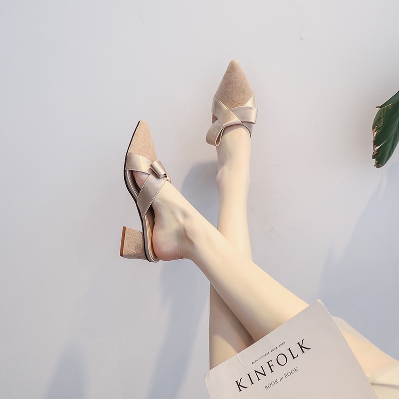 ✌△☍New fashion for summer 2021 Pointed mid-heel and thick-heeled Baotou single shoes and half slippers women s outer wear high-heel sandals and slippers