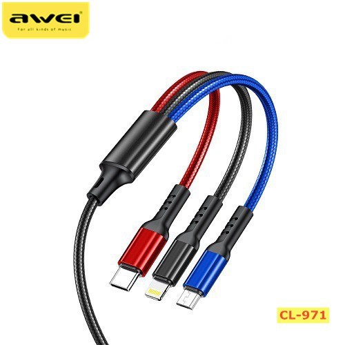 Dây Cáp Sạc Awei Cl-971 3 Trong 1 2.4a Cho Iphone Ipad Xiaomi Huawei