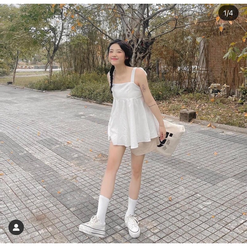 Set áo 2 dây babydoll đũi thô thắt nơ vai  Pea  Store