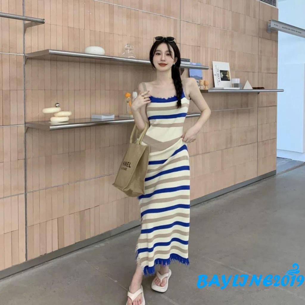 Đầm Dài Dệt Kim Không Tay In Họa Tiết Sọc Viền Raw Thời Trang Mùa Hè Dành Cho Bạn Nữ