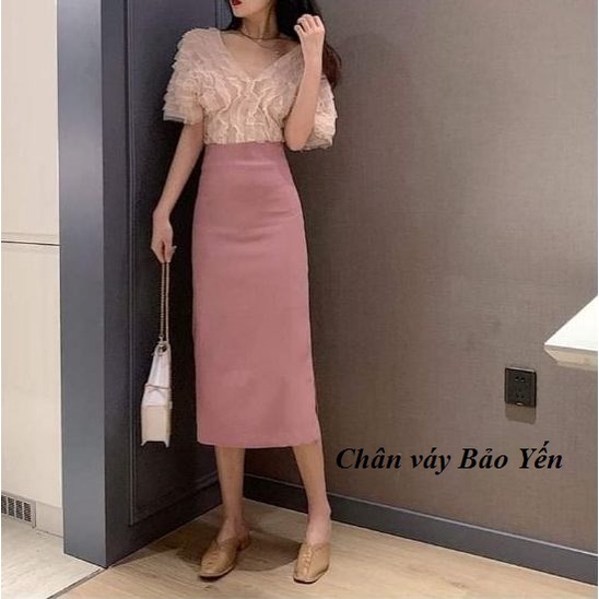 Chân váy dài xẻ sườn màu hồng phấn dài 70cm- M74