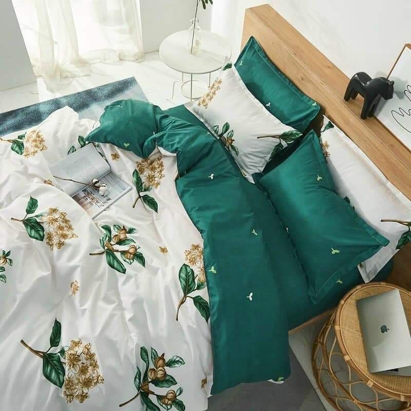 Trọn Bộ Drap giường Chần Bông Cotton Họa Tiết Cành Hoa Trắng Xanh Phối ((m2x2m - m8x2m))
