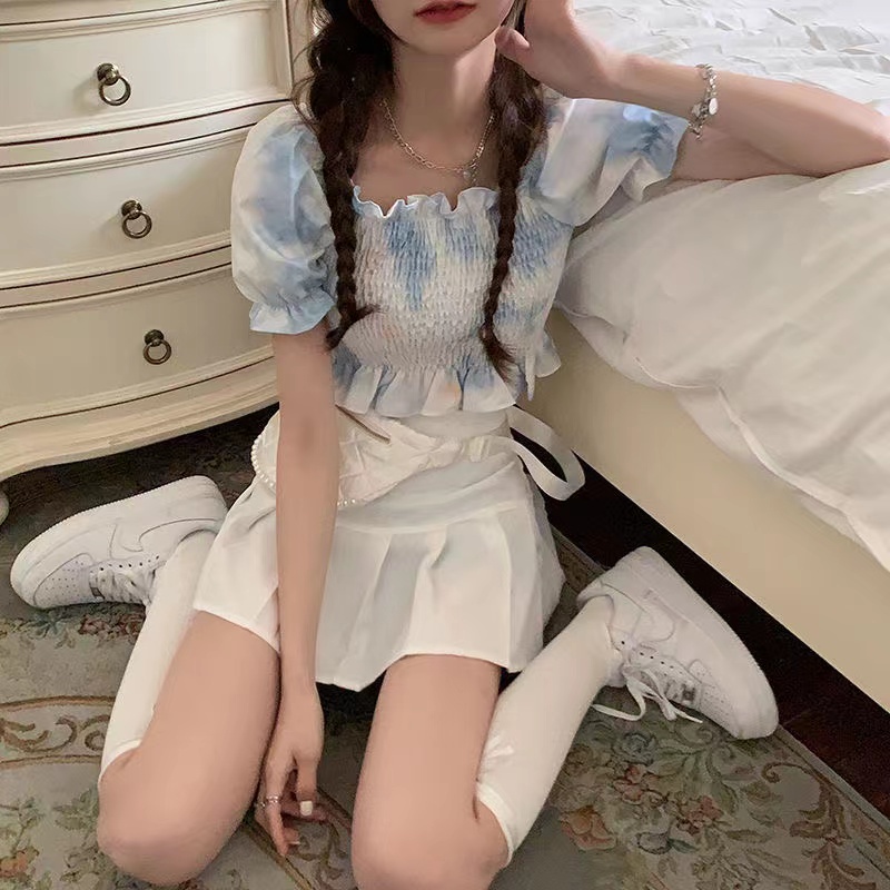 Áo Croptop Tay Phồng In Họa Tiết Hoa Phong Cách Pháp Cổ Điển Thời Trang Mùa Hè Cho Nữ