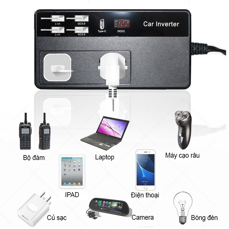Bộ Chuyển Đổi Dòng Điện DC 12V Sang AC 110V/220V 200W Hỗ Trợ Cổng Type-C M2012