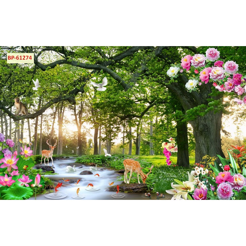 Tranh dán tường 3D cảnh rừng cây hùng vỹ không phai màu, xé không rách