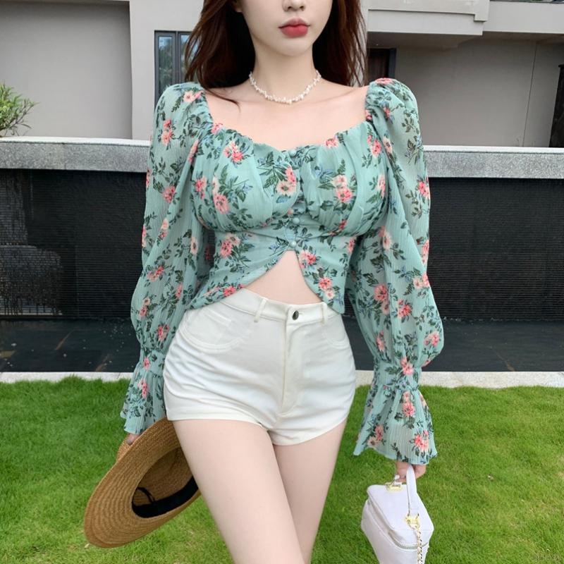 Áo croptop tay dài phồng cổ vuông in họa tiết hoa phong cách Hàn Quốc thời trang cổ điển quyến rũ cho nữ