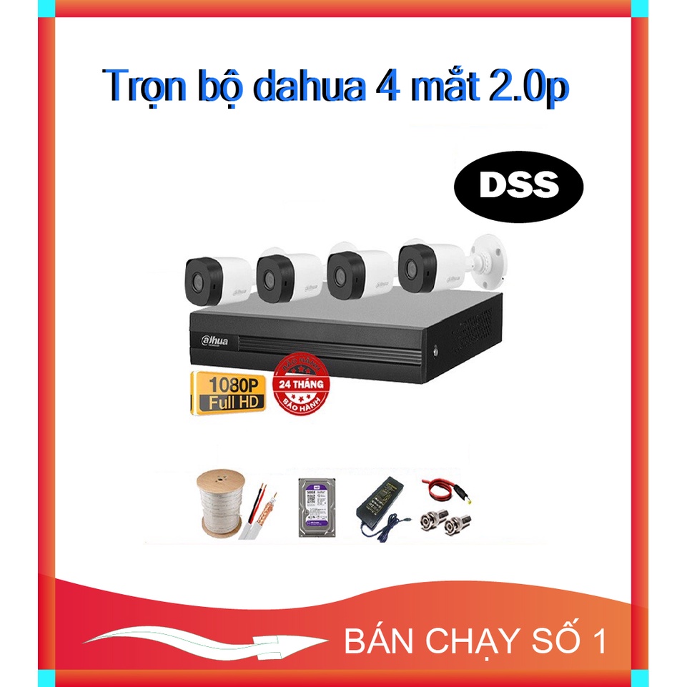 Trọn Bộ Camera giám sát Dahua 2.0MP - Bộ 1/2/3/4 Mắt 2.0MP kèm HDD, đầy đủ phụ kiện lắp đặt