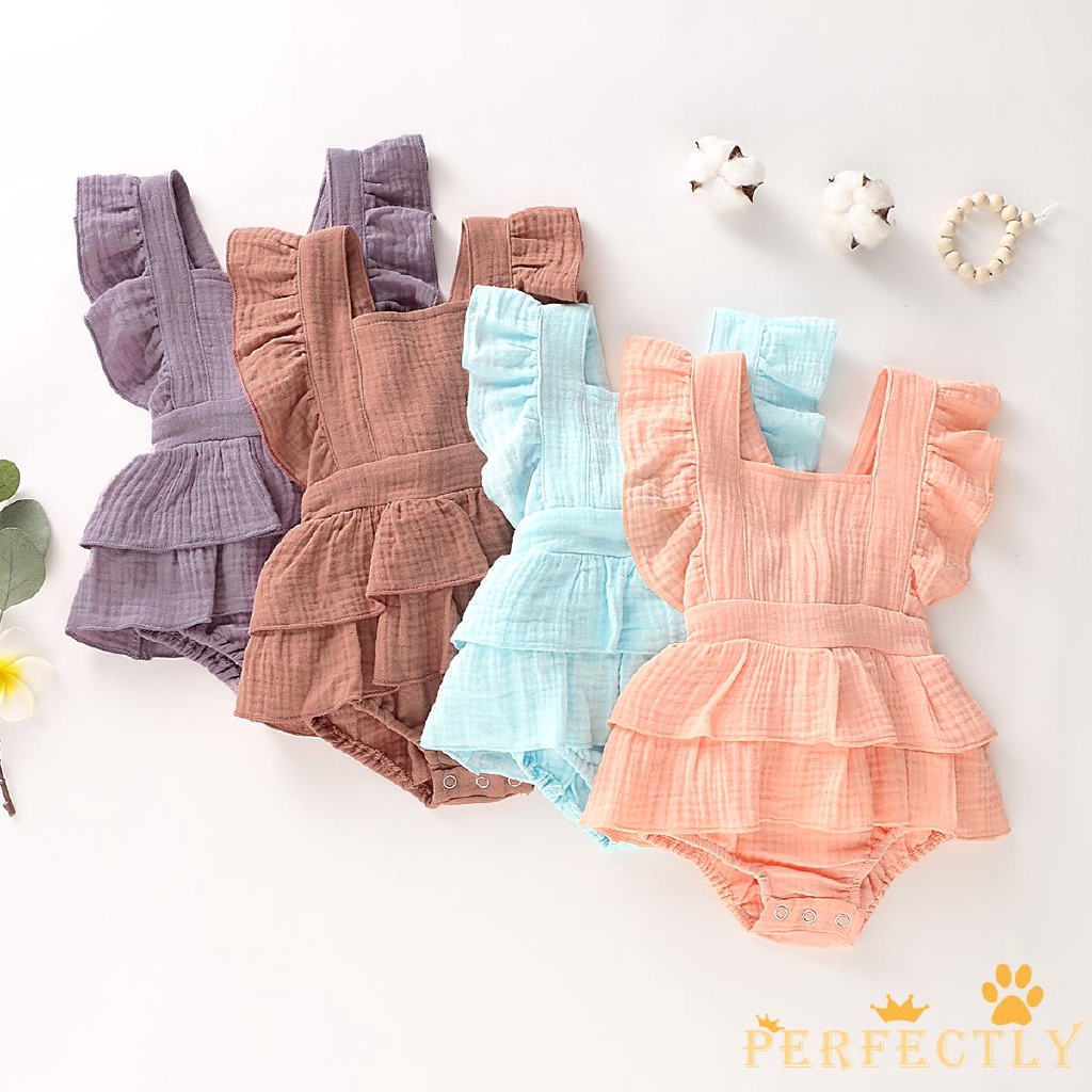 Bộ áo liền quần nhún bèo bằng cotton dễ thương cho bé sơ sinh 0-18 tháng