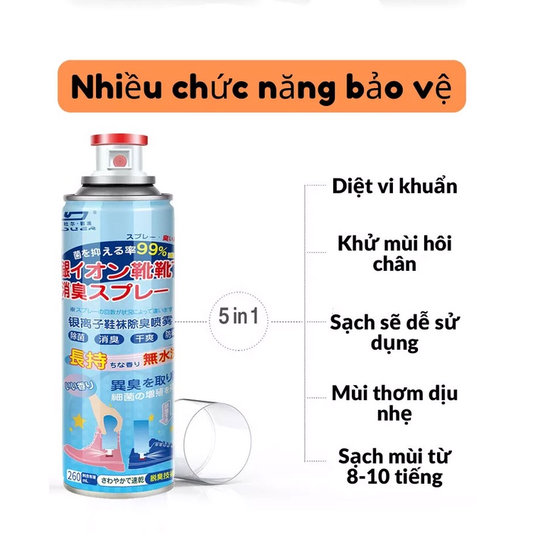 Chai xịt lưu hương, khử mùi giày, dép chống hôi chân, diệt khuẩn dung tích 260ml