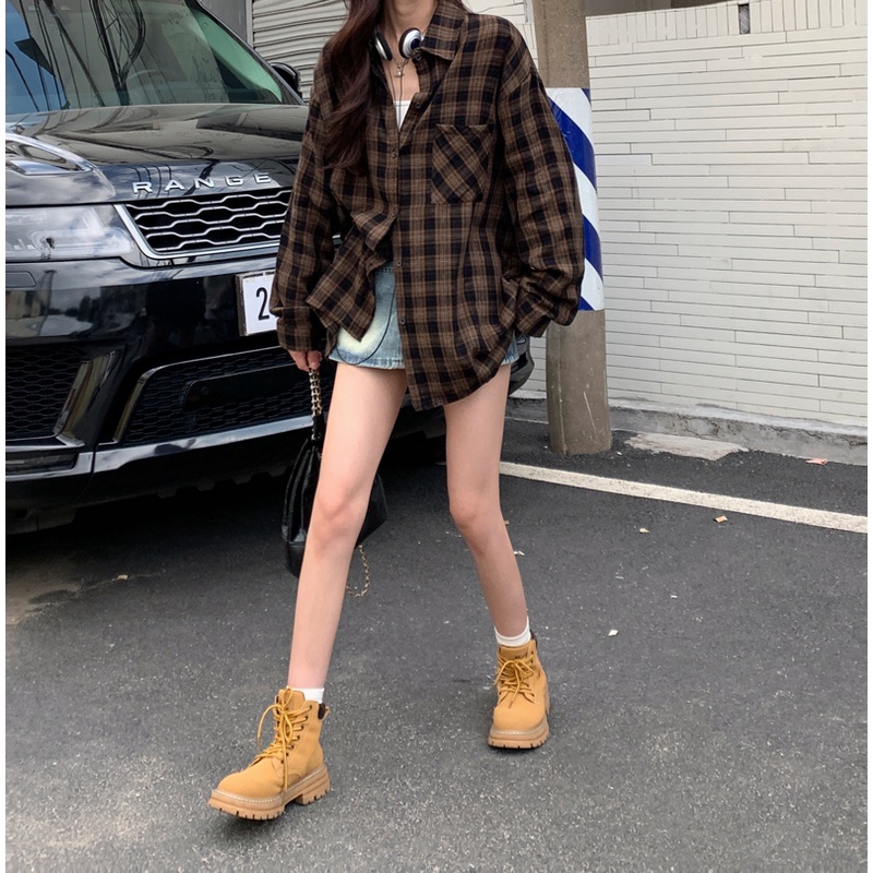 SUXI Áo Sơ Mi Tay Dài Dáng Ôm Sọc Ca Rô Thời Trang Trẻ Trung Cho Nam Nữ