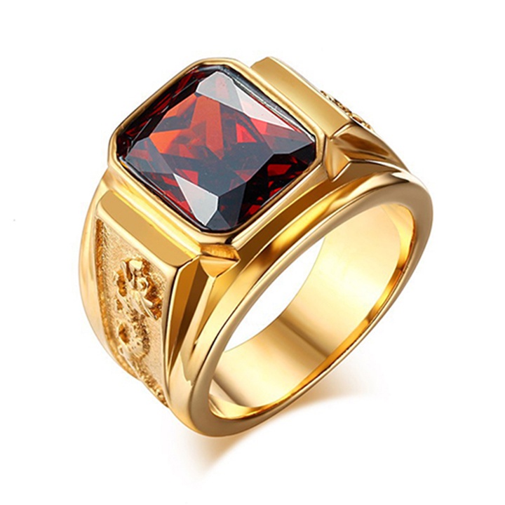 Nhẫn nam titan cao cấp thời trang kiểu chạm rồng 2 bên trangsucpt đá đỏ nhẫn màu mạ vàng thép không gỉ PTNNA255