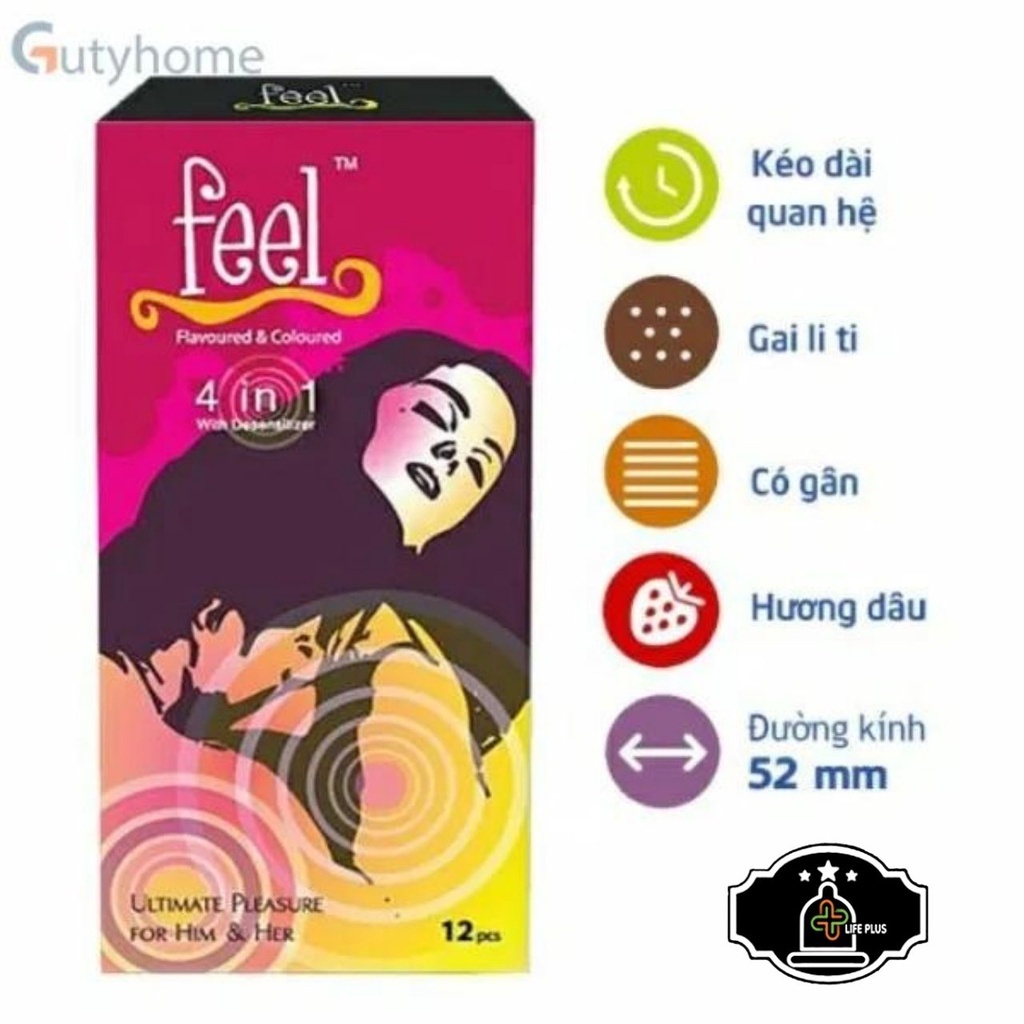 Bao cao su kéo dài thời gian Feel 4 in 1 mùi hương dâu ôm khít có gai gân chống tuột – Life Plus