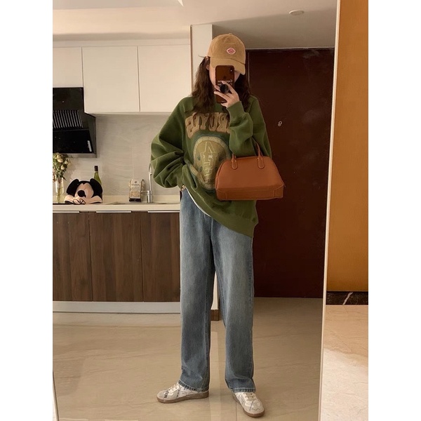 Áo nỉ sweater cổ tròn xanh rêu FORUYES nỉ ngoại mềm mịn form thụng tay lỡ mùa đông ấm áp Nhungkudo