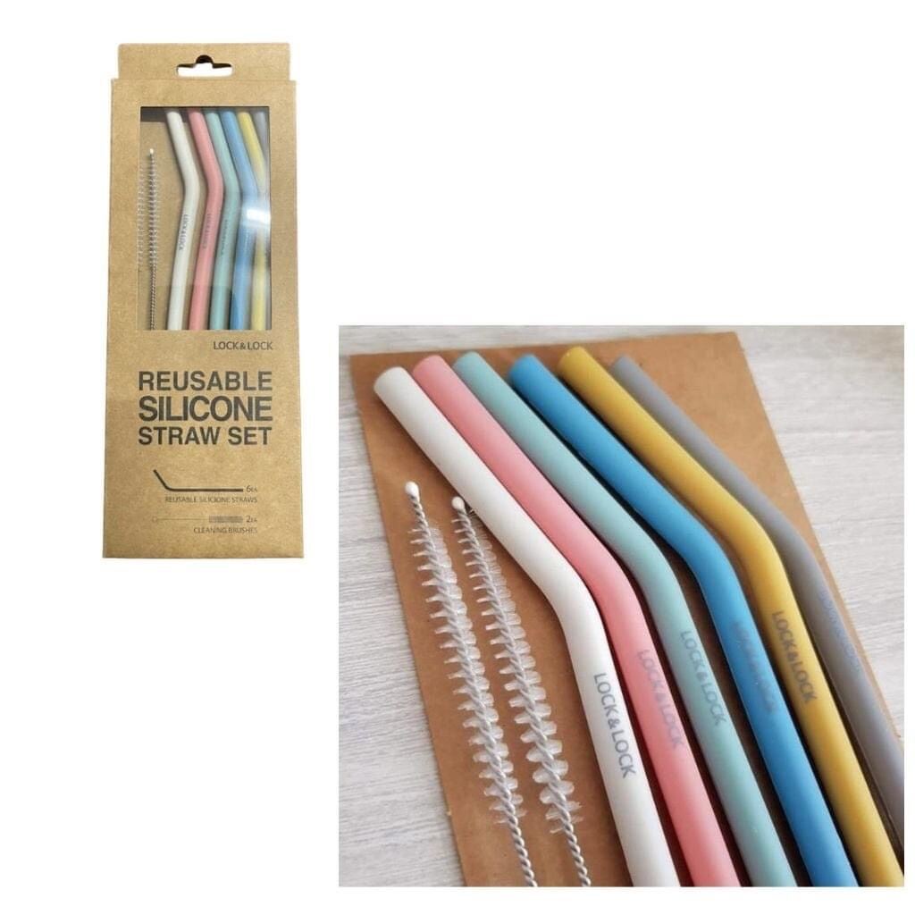 Bộ 6 Ống Hút Silicone Lock&Lock Có Thể Tái Sử Dụng TLL080 250x78mm Co Giãn Tốt, Kèm 2 Cọ Rửa - Chính Hãng