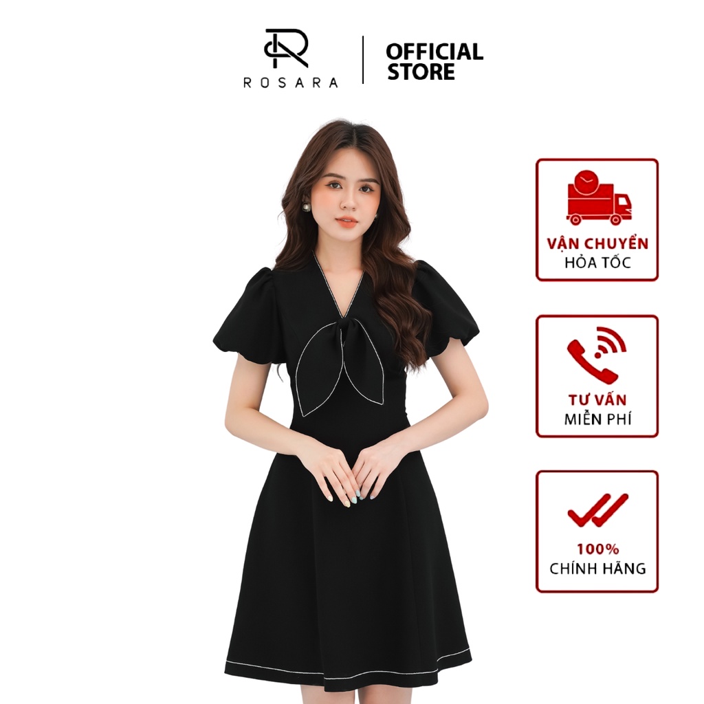 Váy thiết kế thời trang nữ tay bồng cổ nơ dáng xòe Rosara V9