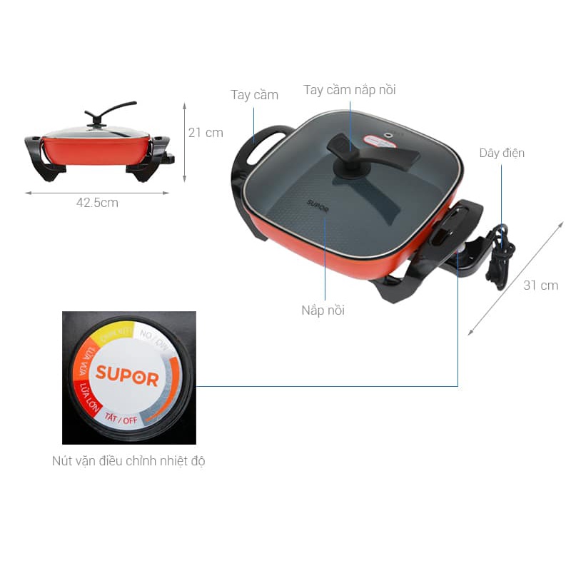 Lẩu điện cao cấp phủ men chống dính đa năng Supor vung kính H30FK802VN-136 5 lít