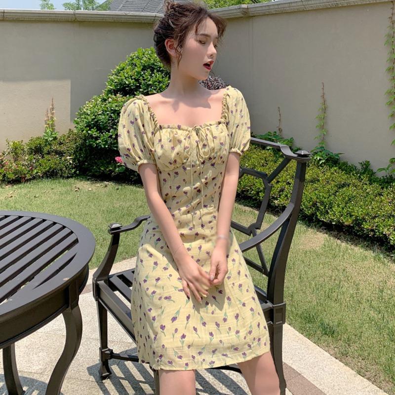 Đầm Tay Ngắn Cổ Vuông Họa Tiết Hoa Xinh Xắn Phong Cách Retro Hàn Quốc