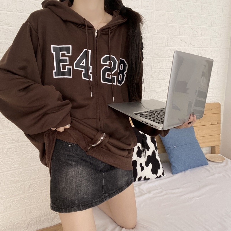Áo Hoodie Dáng Rộng Có Khóa Kéo In Chữ Thời Trang Dễ Phối Đồ